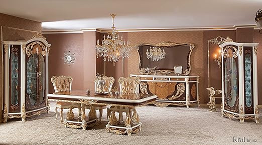 Klassisch Luxurioses Esszimmer Set Kral Bronze 1 Esstisch 6 Esszimmerstuhle 1 Vitrine 1 Schrank 1 Spiegel Farbkombination Braun Gold Weiss Classical Luxury Diningroom Set Amazon De Kuche Haushalt