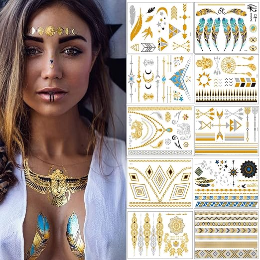 Flash Tattoos – Meersee Temporäre Klebe-Tattoos 10er Set Metallic Flash Tattoos in Gold und Silber Temporäre Tätowierung Wass