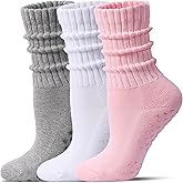 Toetally Pilates Socks for Women Mid Calf Slouch Yoga Socks with Non Slip Grippers for Barre Boot Sock 3 Pairs
