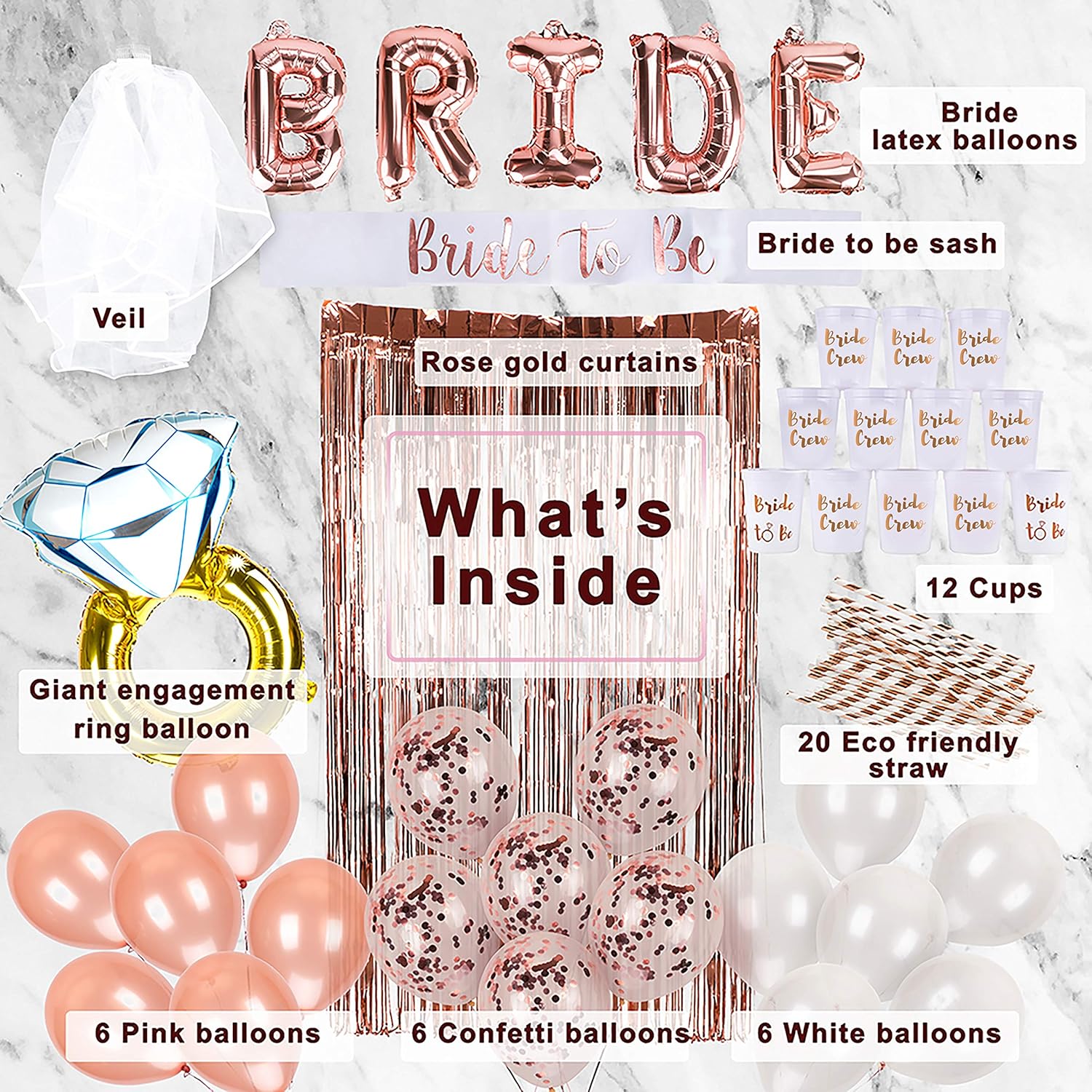 Bachelorette Party Decorations | Bridal Shower Supplies Kit - Bride To Be Sash, Cups, Straws, Veil, Banner, Balloons, Rose Gold Curtains & Decor Accessories: Home & Kitchen