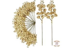 Sggvecsy 30Pcs Christmas Glitter Berries Stems Artificial Red Berry Branches Holly Picks Stems Christmas Tree Ornaments for DIY Xmas Wreath Crafts Gifts Holiday Home Decor (Gold)