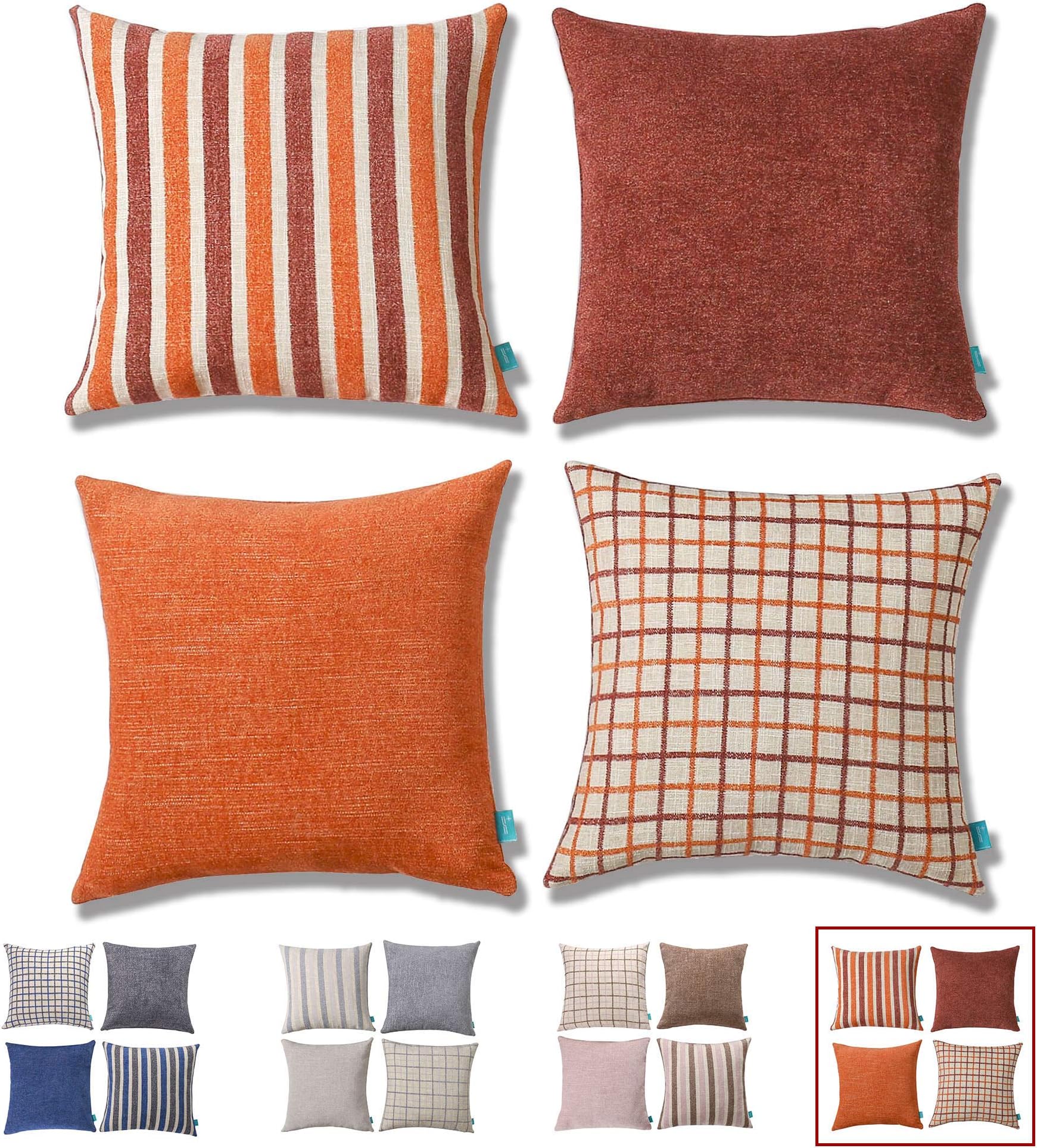 HPUK Set of 4 Decorative Pillow Cover, Solid Stripe Plaid Cushion Pillowcase for Coush Sofa Office Bed Living Room, 17x17, Orange