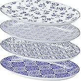 LemonRoad Ceramic Dessert Plates Set of 4, 12 Inch Porcelain Serving Platters, Blue and White China Oval Serving Dishes for Kitchen Fruit Sandwich Appetizer, Microwave And Dishwasher Safe