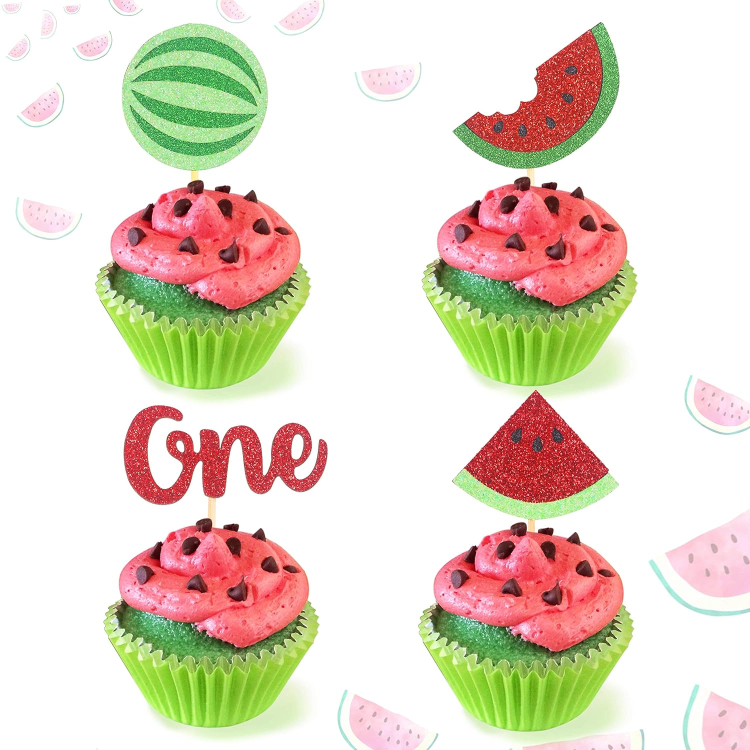 Glitter Watermelon Cupcake Toppers One In A Melon Party Decortions