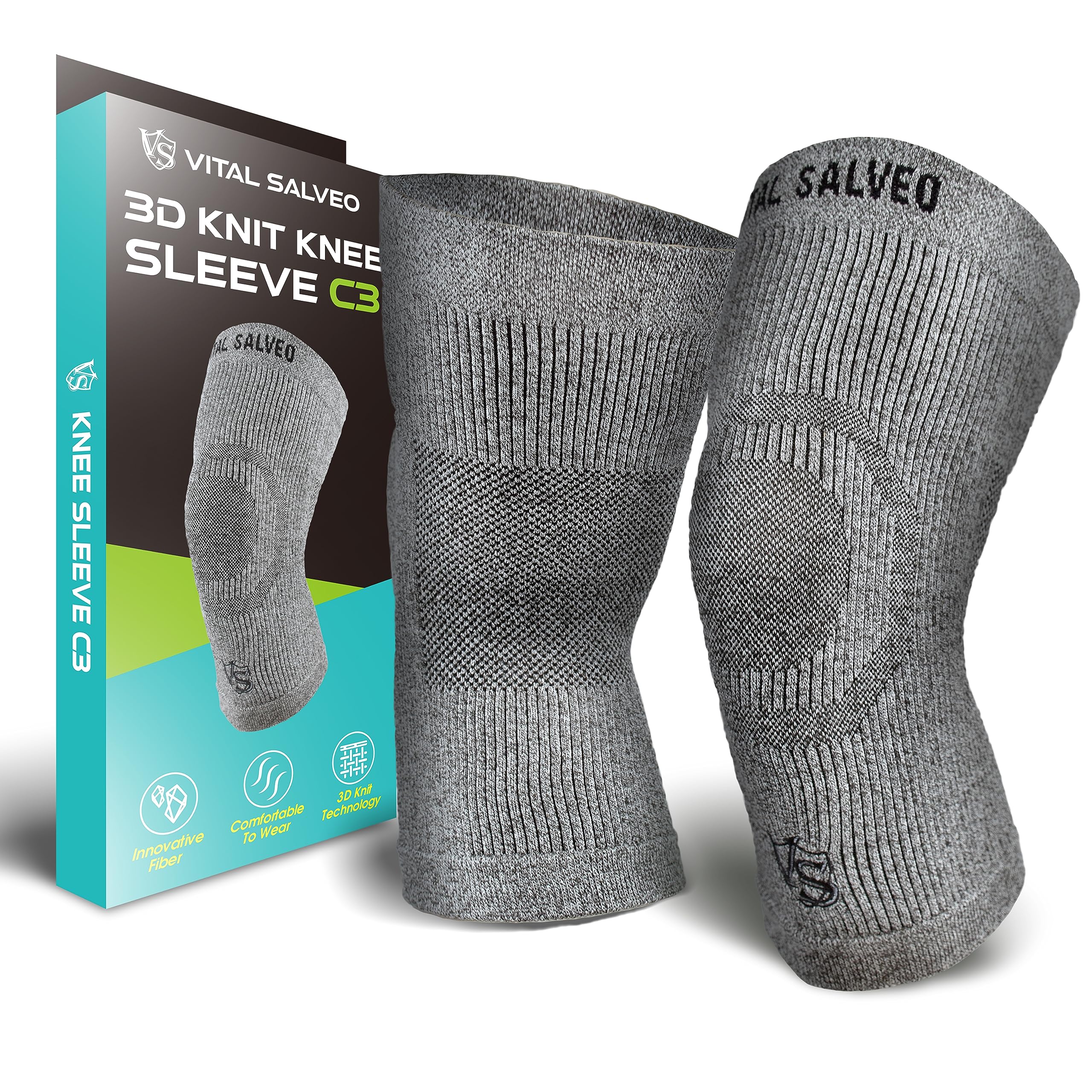 Vital Salveo Knee Sleeve-Knee Brace C3-COMFORT for Joint Pain Relief, Germanium and Charcoal Yarn Circulation For Men and Women (1 Pair)-Small