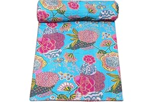 Marubhumi Indian Handmade Stitched Pure Cotton Fruit Print Kantha Quilt, Reversible Kantha Quilt (Turquoise, King (108"x 108"))