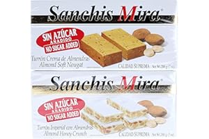 Sanchis Mira No Sugar Added Almond Honey Crunchy and Soft Nougat Turron Bundle (Set of 2) Turron De Almendra Blando y Imperial Sin Azucar Anadido Calidad Suprema
