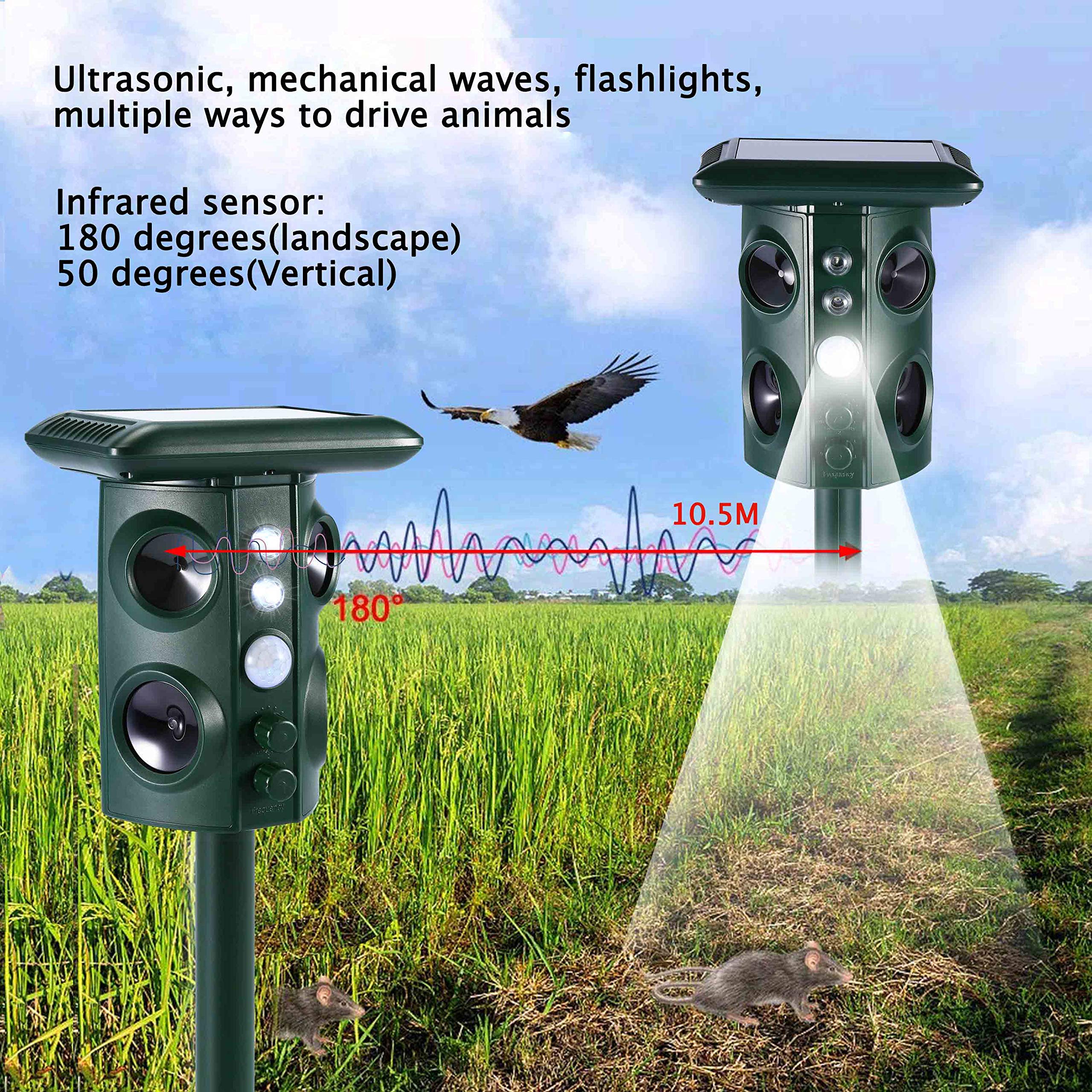 CamGO Ultraschall Tiervertreiber Solar und Batteriebetrieben Katzenschreck Tierabwehr Wasserdicht mit 4 Lautsprecher LED-Licht Umlaufsgang