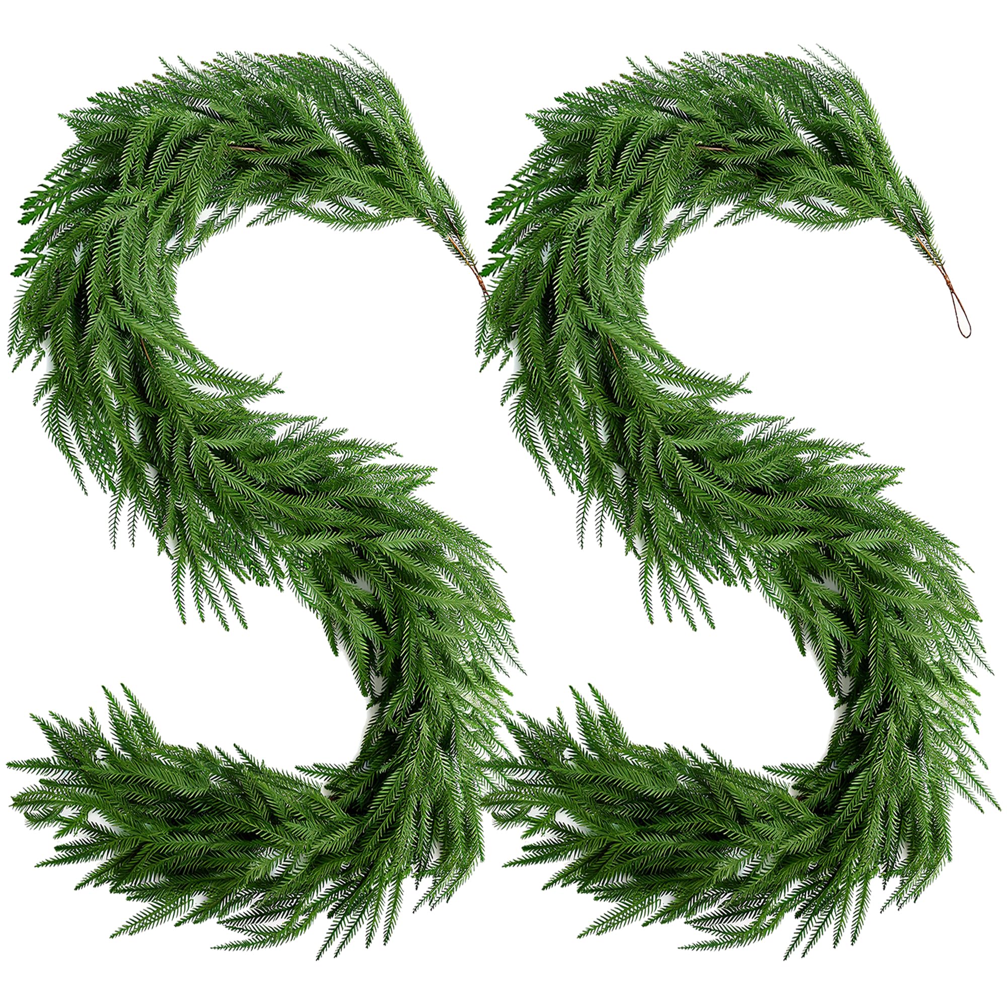 Photo 1 of 2 Pcs Christmas Norfolk Pine Garlands, 6FT Artificial Real Touch Dense Winter Greenery Garlands, Bendable Faux Vines for Fireplace Mantle, Table Runner, Front Door, Indoor Outdoor Xmas Holiday Decor