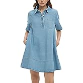 EZAPINE Womens Denim Shirt Dress Collared Button Up V Neck Casual A Line Jean Dresses with Pockets