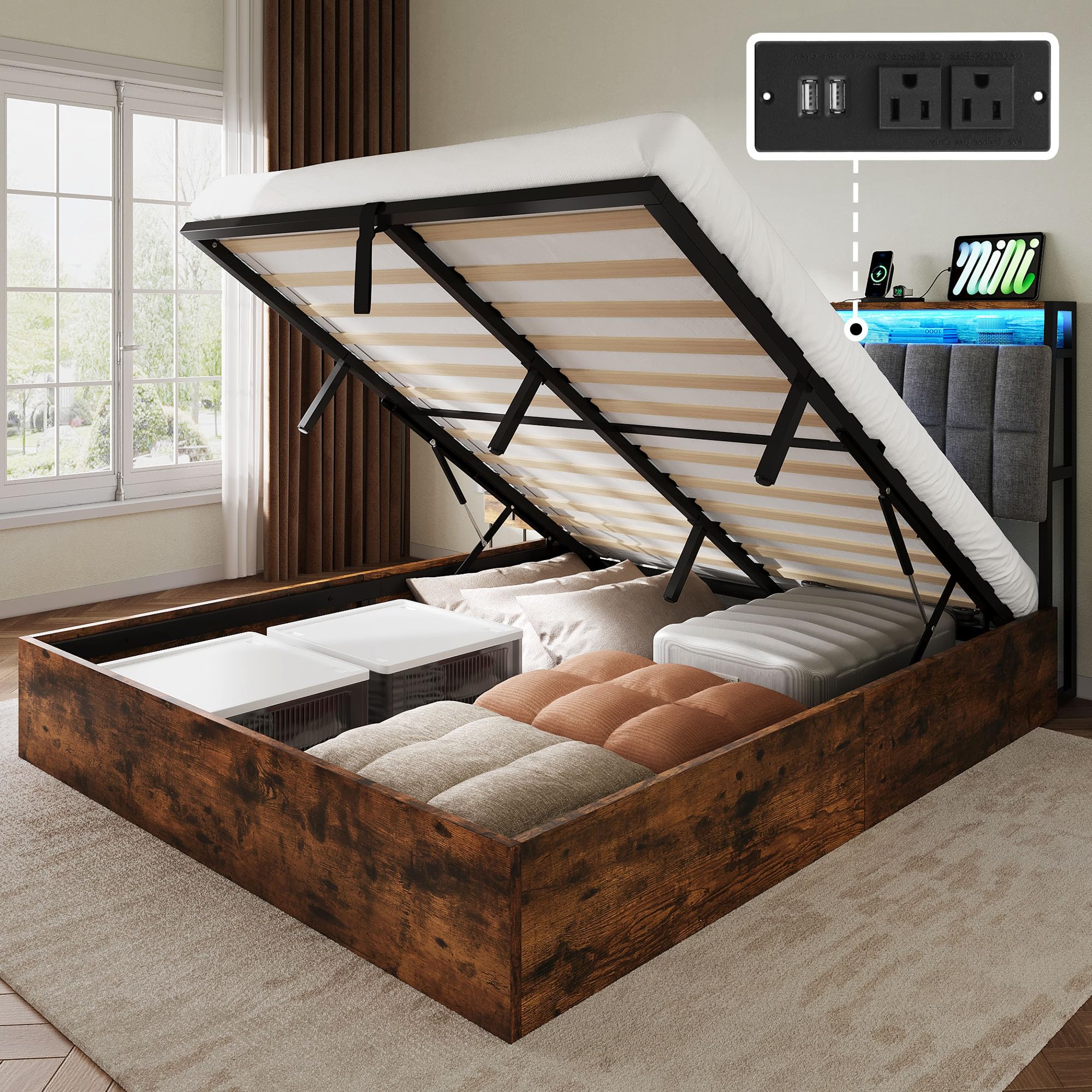 YITAHOME Full Size Lift Up Bed Frame with Charging Station & RGB LED ...