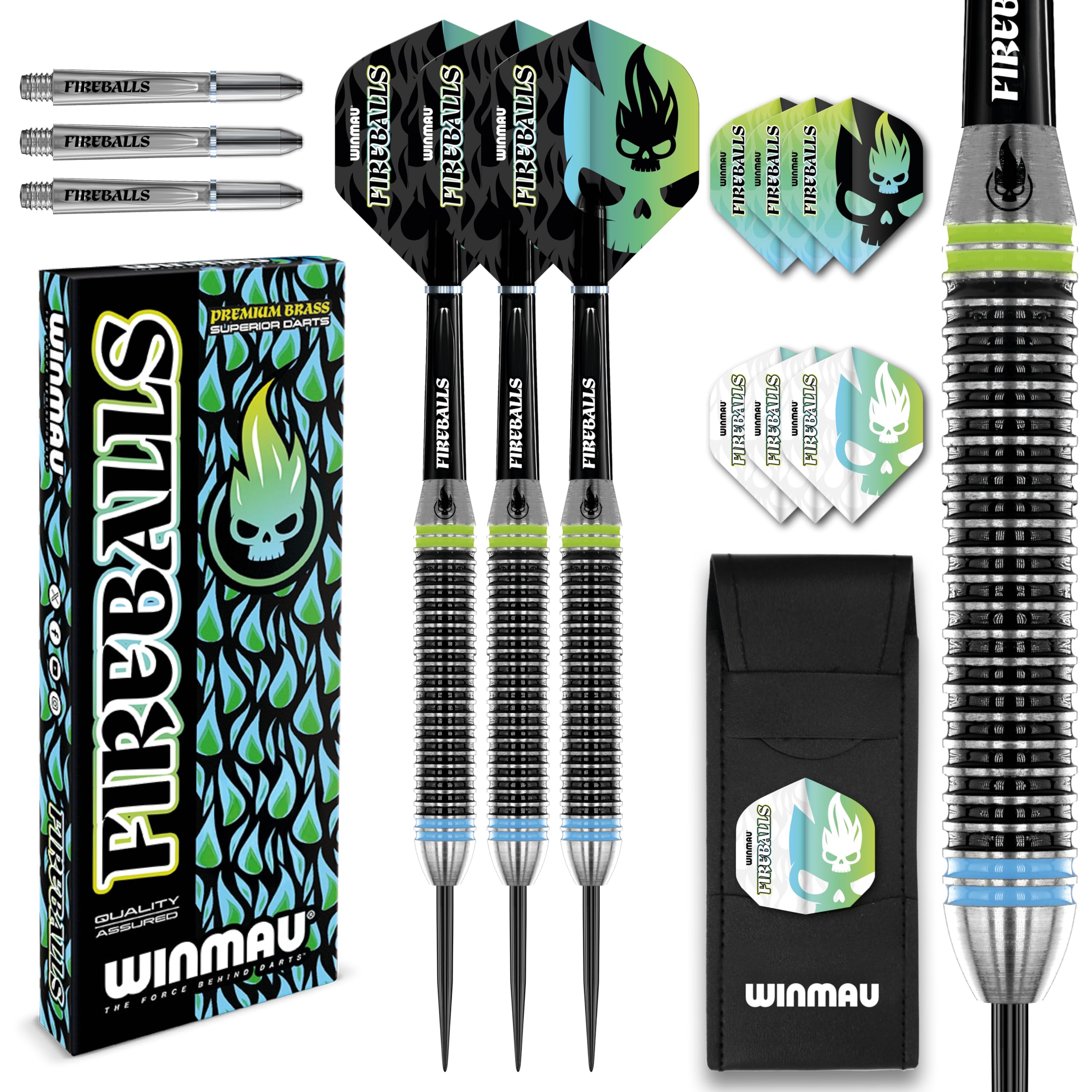 WINMAU Darts Fireball 22g Brass Steel Tip Darts Set with Dart Flights and Shafts (Stems) Including Dart Wallet