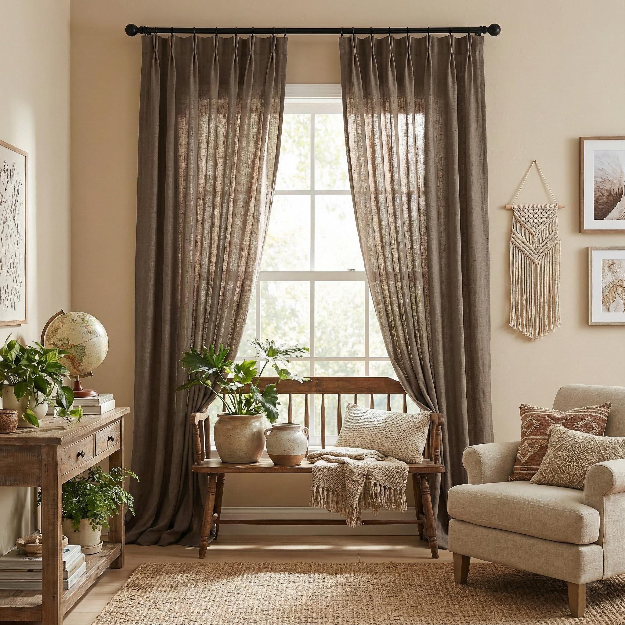 Photo 1 of PONY DANCE Linen Curtains 96 inch Length for Bedroom Living Room,Pinch Pleated Back Tab Thick Linen Textured Light Filtering Farmhouse Boho Window Drapes with Hooks,40Wx96L,Taupe,2 Panels Set