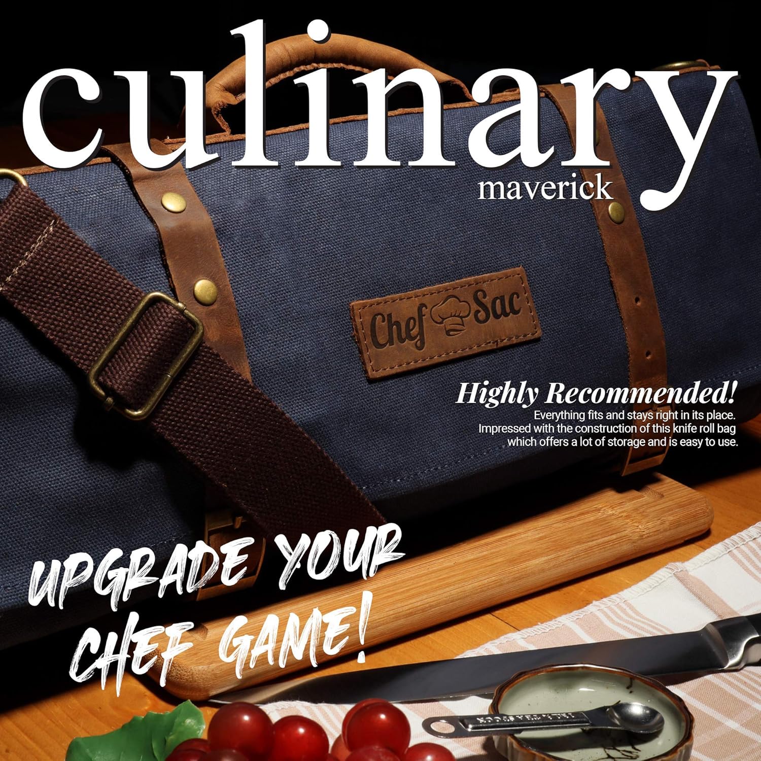 Chef Knife Bag Waxed Canvas Knife Roll Bag | 22 Pockets for Knives & Kitchen Tools | Special Slot for Cleaver | Waterproof Material | Knife Organizer | Knife Case for Chefs & Culinary Students (Blue): Kitchen & Dining