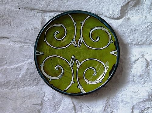 Amazon Com Green Wall Hanging Plate Pottery Wall Decor Wheel Thrown Ceramic Plate With Floral Decoration Kitchen Decor Unique Art Pottery Handmade