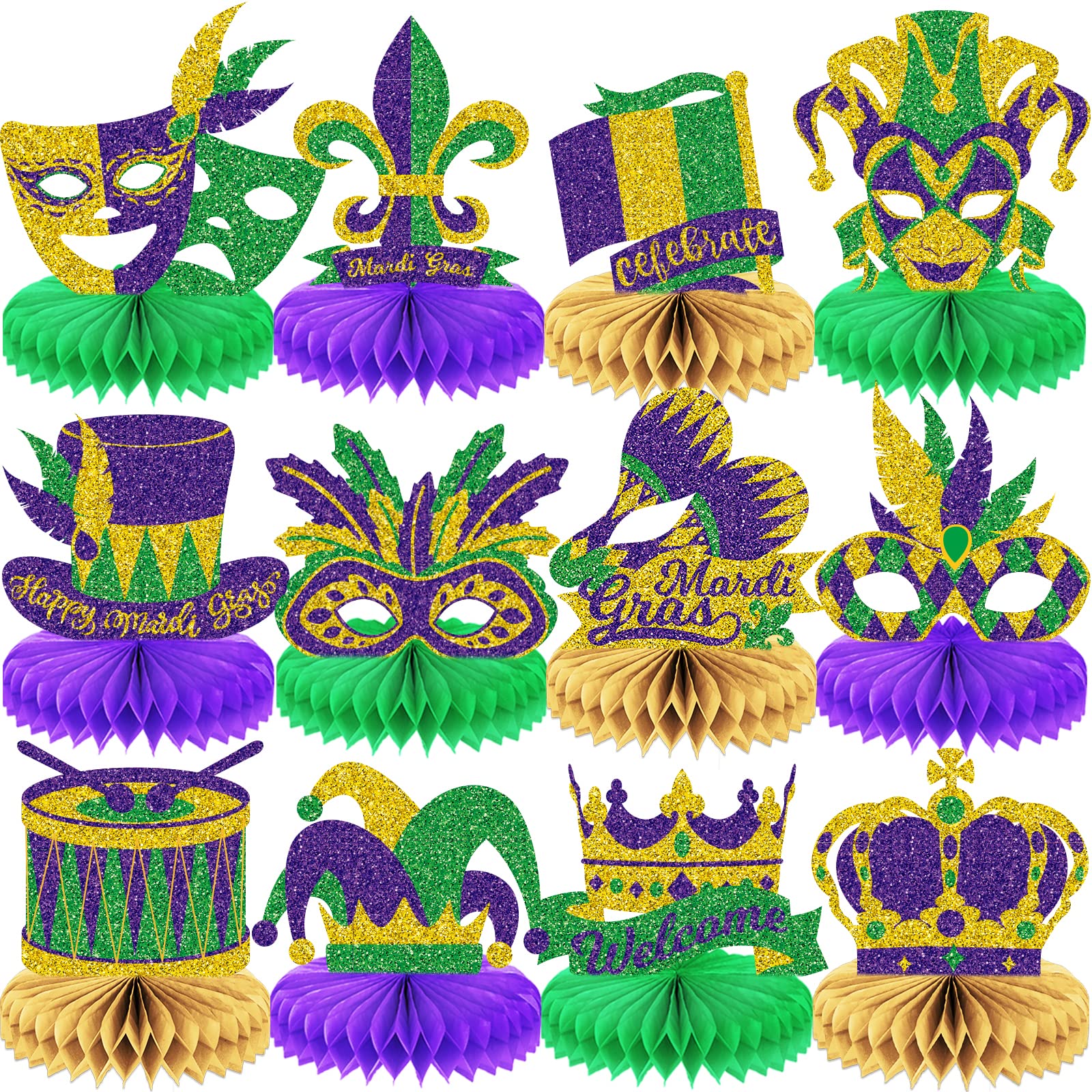 Photo 1 of 12 Pieces Mardi Gras Party Decorations Honeycomb Centerpieces Crown Mask Sign Table Toppers Double Side Gold Green Purple Table Centerpieces for Mardi Gras Masquerade New Orleans Party Supplies Favor