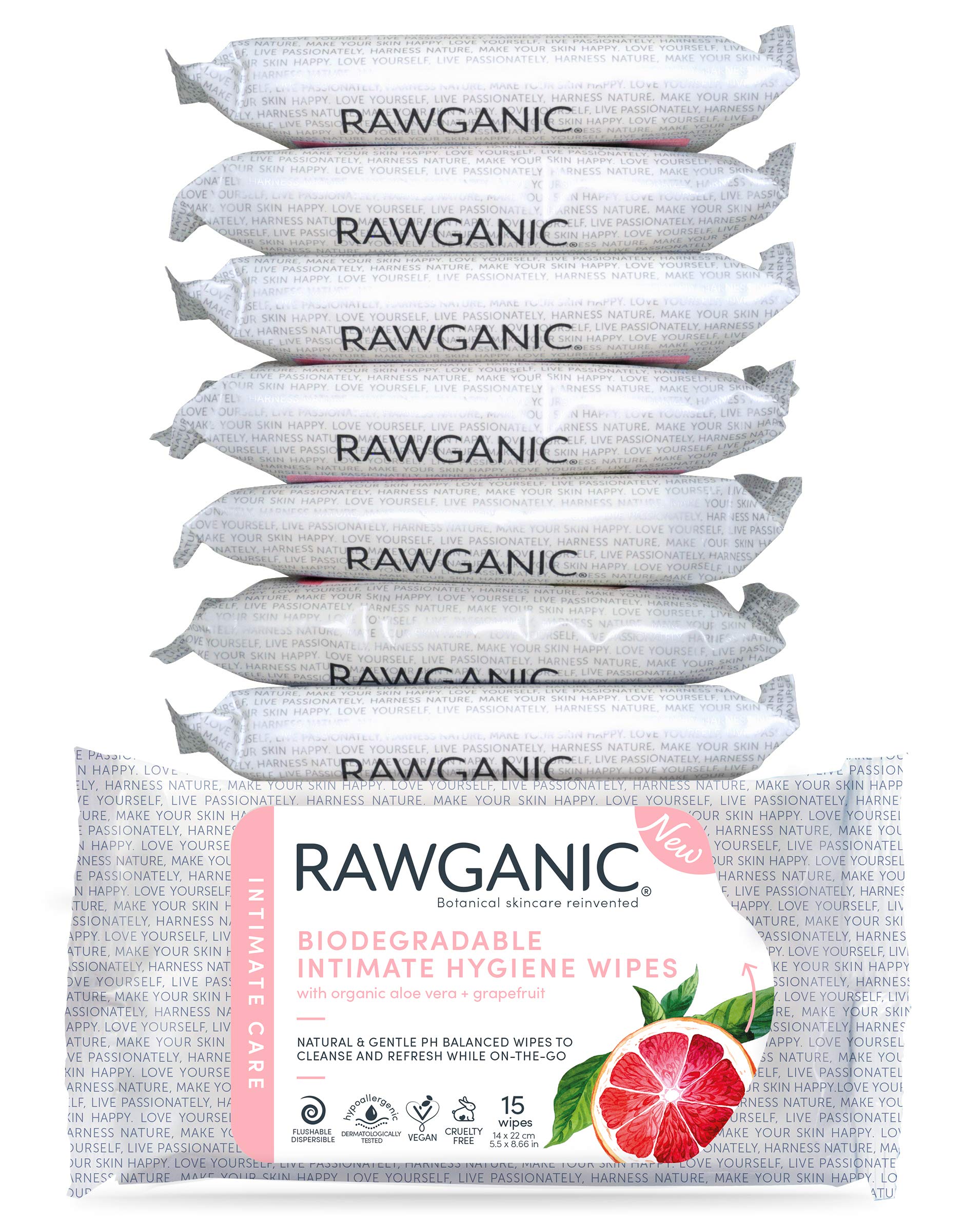 RAWGANIC Organic Intimate Hygiene Wipes | Hypoallergenic, Alcohol-Free, Fragrance-Free Flushable, Biodegradable Intimate Pre-Waxing Wipes | with Grapefruit and Aloe Vera (8 Packs)