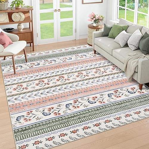 LUXLOOM Floral Print Living Room Rugs 8x10 Large Washable Oriental Floor Cover with Non-Slip Backing, Non-Shedding Low Pile Accent Carpet, Foldable Indoor Mat for Bedroom, Office, Kitchen, Green Pink - Amazon deal for $35.99