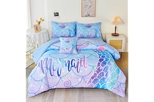 RYNGHIPY 6Pcs Mermaid Tail Comforter Set for Kids Girls, Mermaid Fish Scale Bed in a Bag Twin Size, Sparkle Teal Purple Rainbow Bedroom Decor Bedding Set