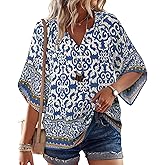 Bebonnie Womens 3/4 Sleeve V Neck Bohemian Peasant Blouses Casual Loose Fit Tunic Tops