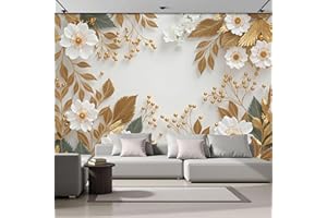 Luxury Country Style Photo Wallpaper, 161" Wx 108" H Golden Leaves And White Flowers Wall Murals 3D Effect Large Wallpaper Wa