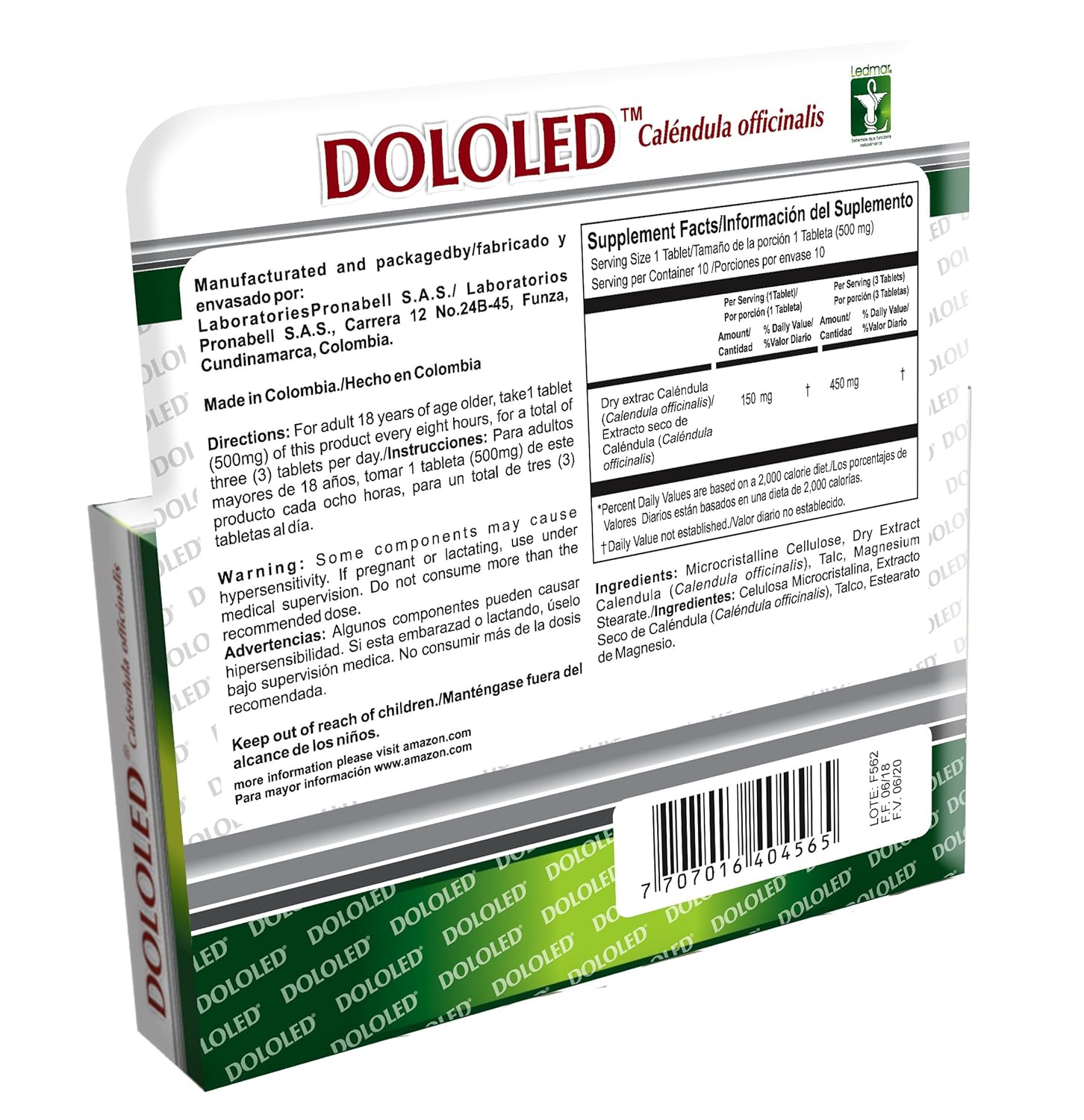 Amazon.com: DOLOLED Calendula Officinalis 2 Pack (30 Tablets, Total 60 Tablets) 150 mg Each Tablet, for All Types of Pain, Anti-inflammatory, 100% Natural, ...