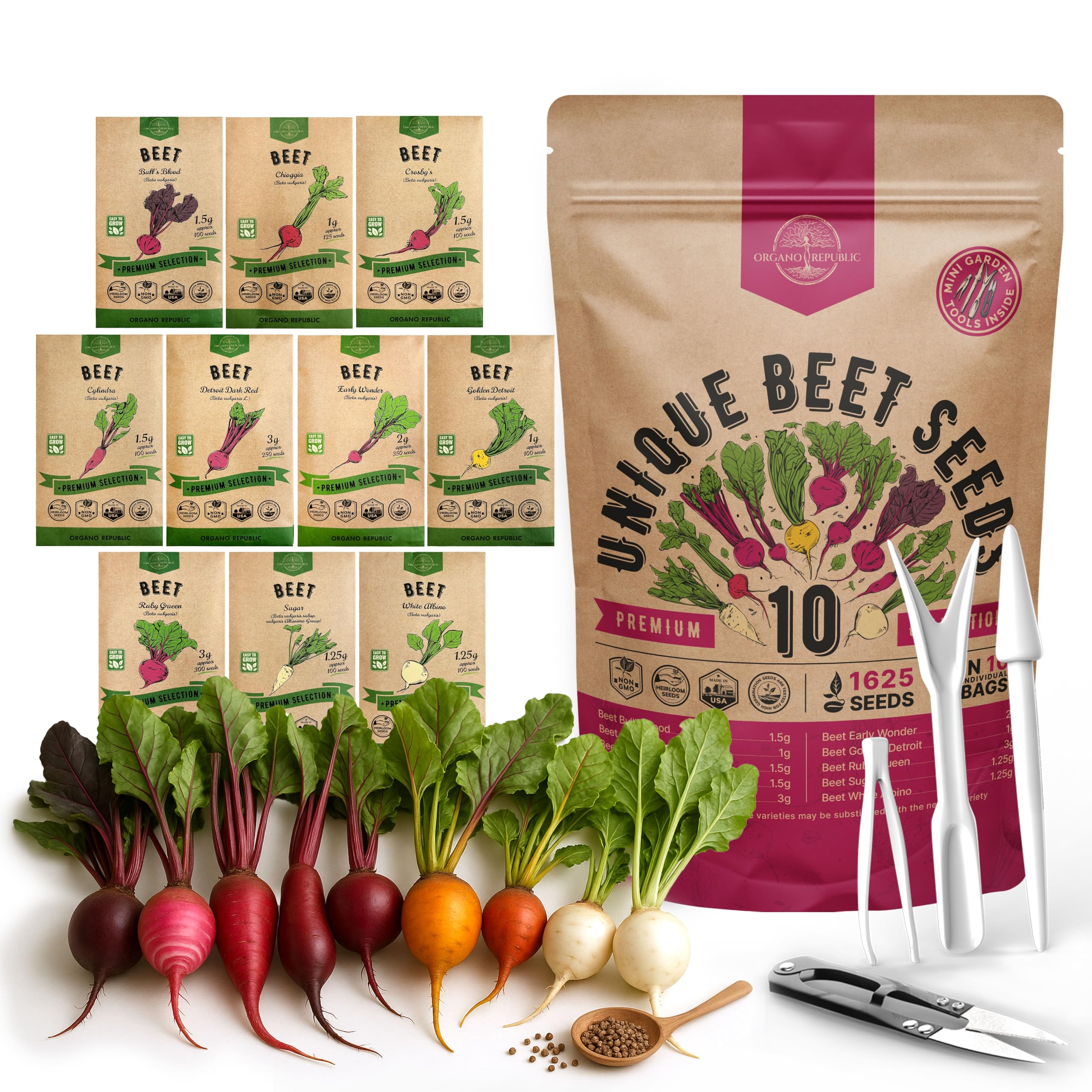 Photo 1 of Organo Republic 10 Rare Beet Seeds Variety Pack for Planting Indoor & Outdoors 1625+ Heirloom Non-GMO Bulk Beets Gardening Seeds: Chioggia, Detroit Dark Red, Sugar, Cylindra, Bulls Blood, White Albino