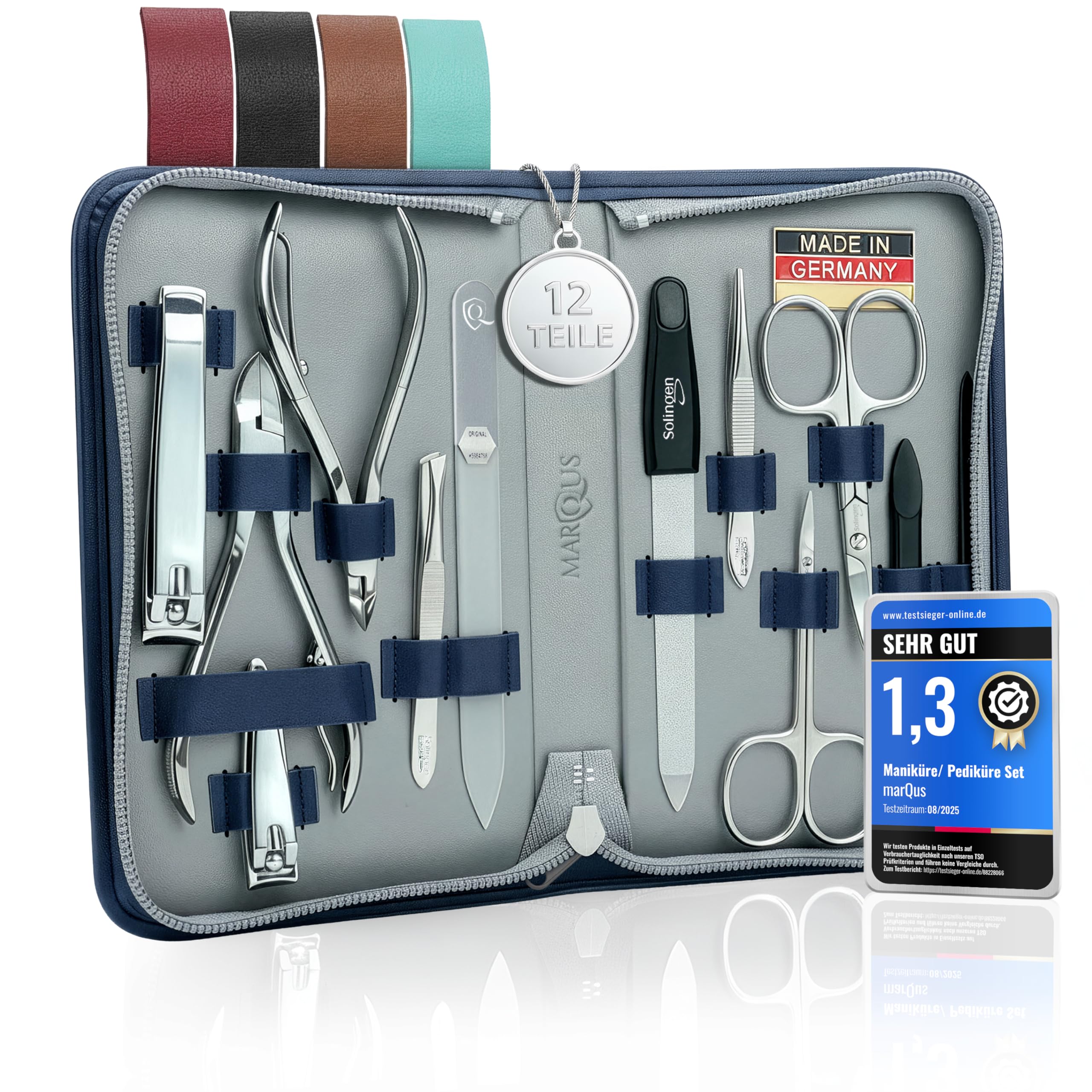 Solingen Manicure Set for women and men - 12 pcs kit - made in Germany incl. nail nippers, glass nailfile & pedicure tools - For natural, ceramic & painted nails, blue