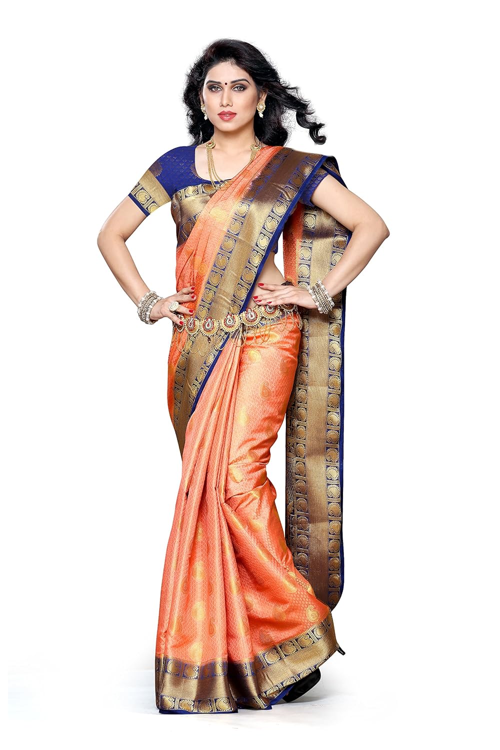 mimosa women's silk saree (225-pch-nvy,peach,free size)