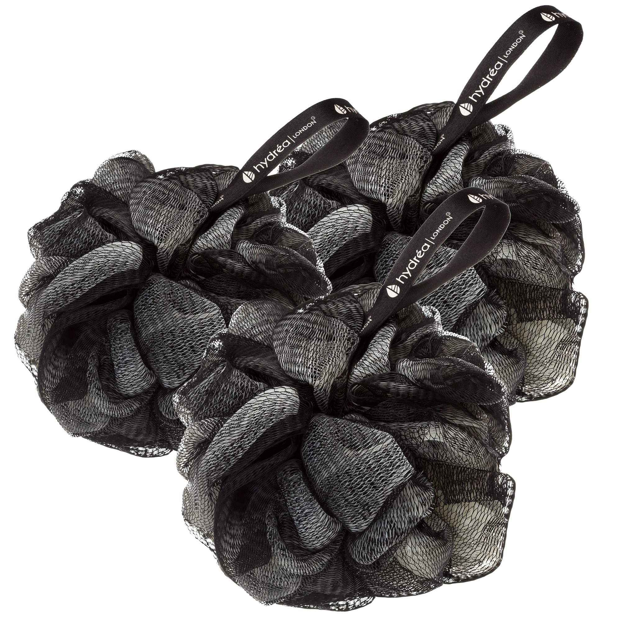Hydrea London Shower Puff - Exfoliating Body Scrubber for Men & Women - Cleansing & Invigorating Luxury Shower Scrub - Ultra-Soft, Large, & Vegan Bath Scrunchie - Triple Pack Black & Cream