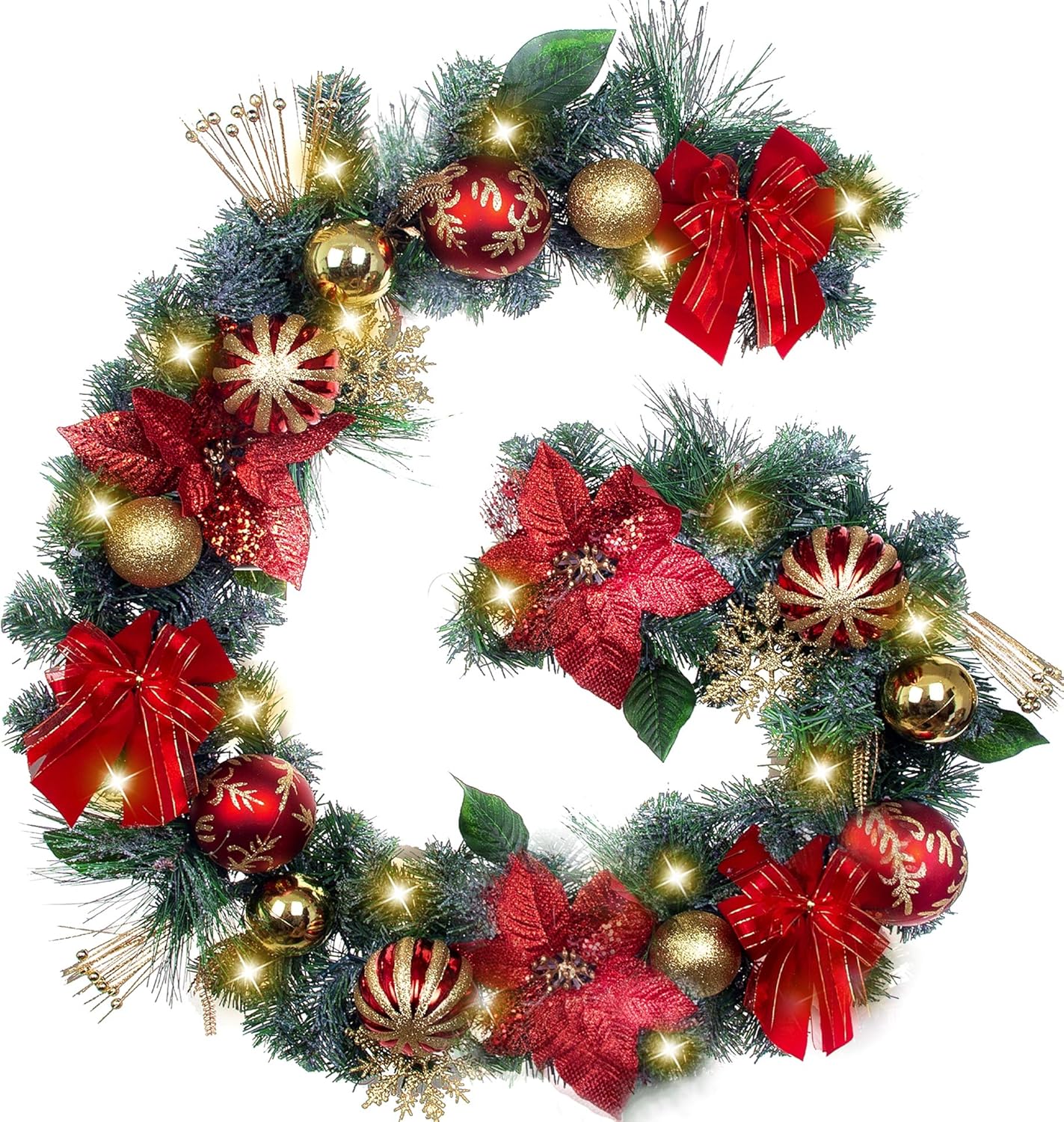 Tfwell Christmas Garland With Lights Pre Lit 75 Inch Red Gold Christmas Garland Decorative Garland With Artificial Spruce Berries Christmas Ball Ornaments And Bows Battery Operated 20 Led Lights Amazon In Home Kitchen Christmas Garland With Battery Lights