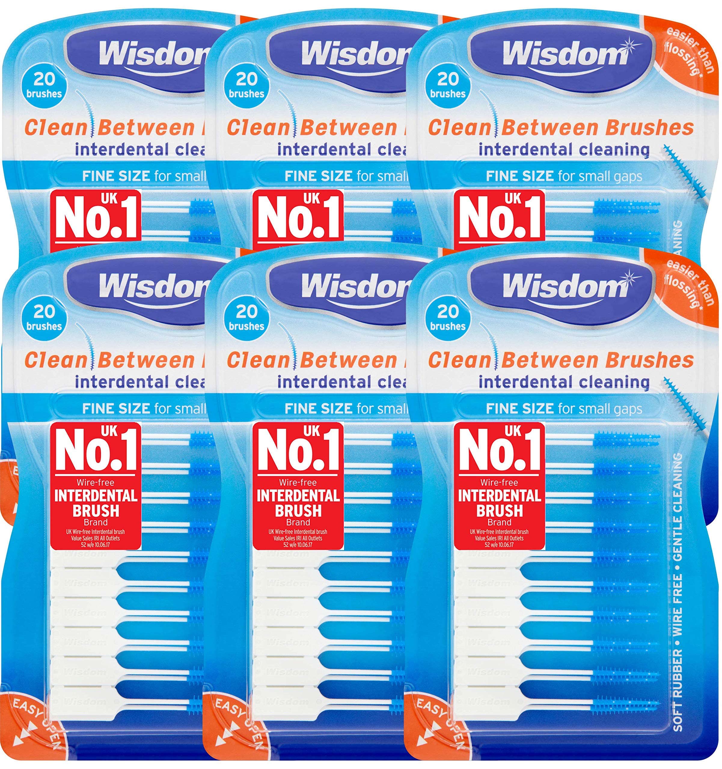 6x Wisdom Clean Between Interdental Brushes Pack of 20 Size Fine