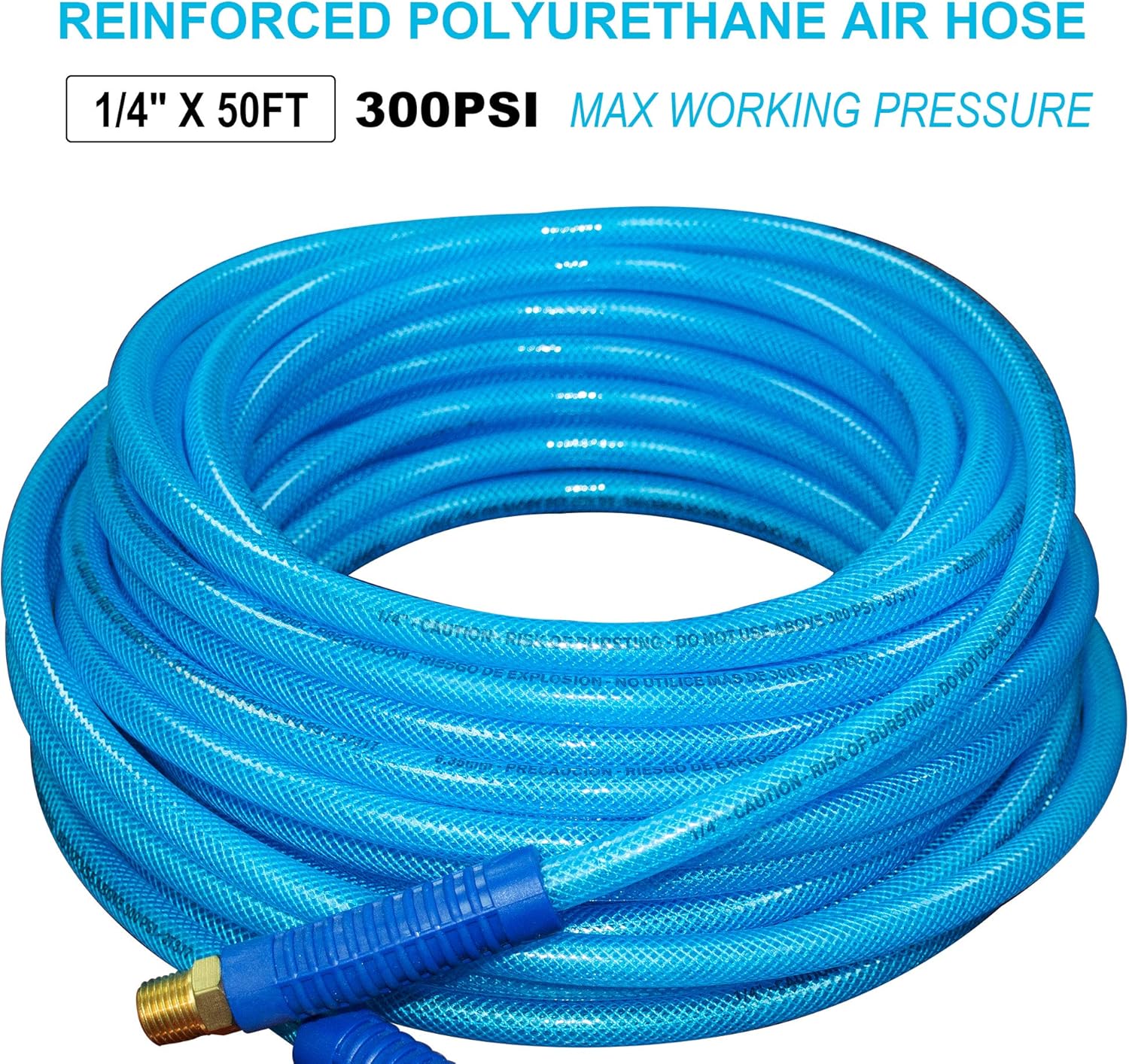 FIXSMITH-Reinforced-Polyurethane-Air-Hose, 300 PSI, 50 Feet x 1/4 Inch, PU Air Compressor Hose With 1/4" MNPT Brass Swivel End Fittings and Heavy Duty Bend Restrictors.Blue. - - 