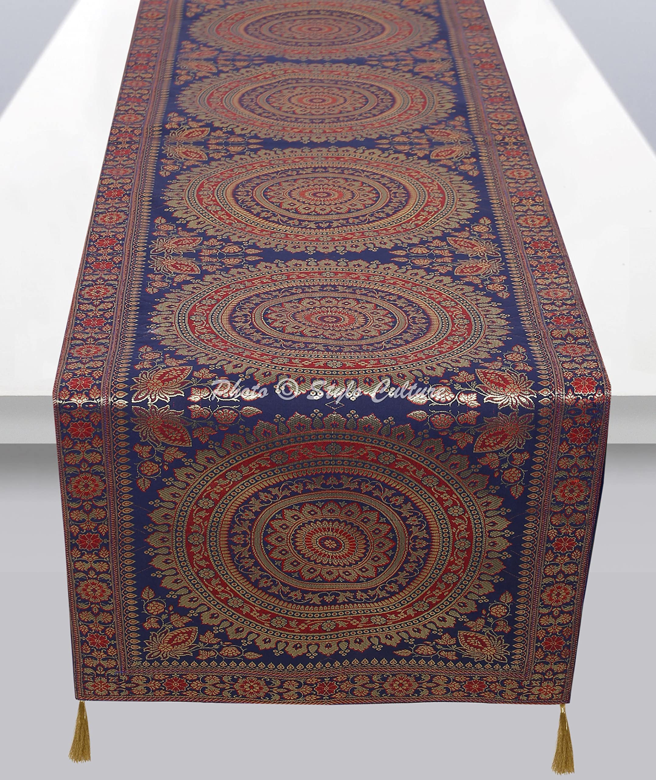 Stylo Culture Indian Table Runner For Coffee Table Dark Blue Gold Decorative Round Mandala Jacquard With Tassel Home Decor Reception Table Cloth Brocade Rectangle Tablecloth Placemat 68x16 Inches