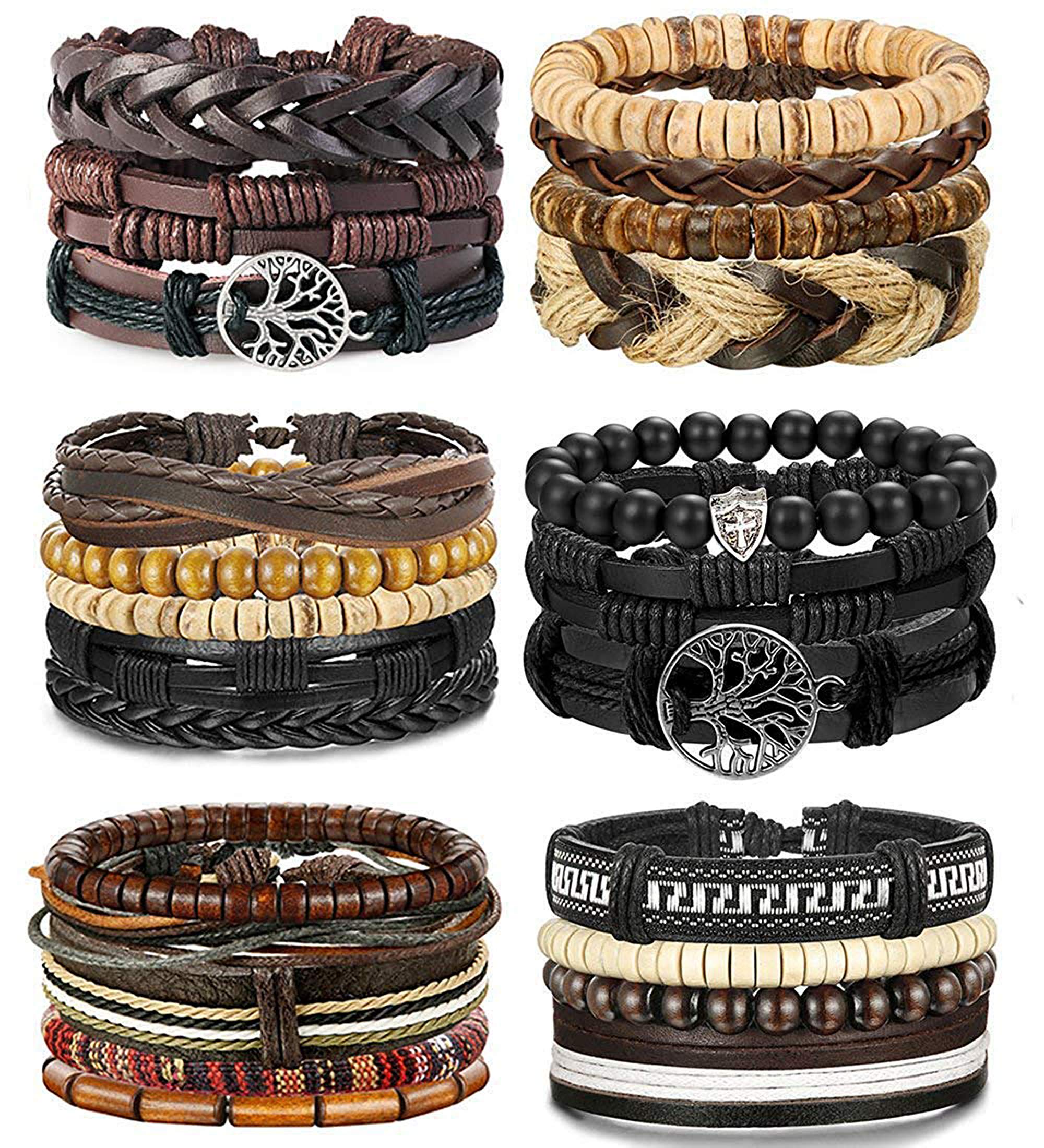BESTEEL 24 x Leather Bracelets for Men and Women - Braided Rope Cuff Bracelet - Tree of Life Vintage - Adjustable Black Brown - One Size