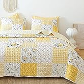 YIKUSH Quilt Sets Queen Size Floral Quilt Set 3 Pieces Bedding Set Bedspreads Yellow Comforter Blanket with 2 Pillow Cases- Ultra Soft Floral Coverlet with Printed Pattern 90in.x 90in