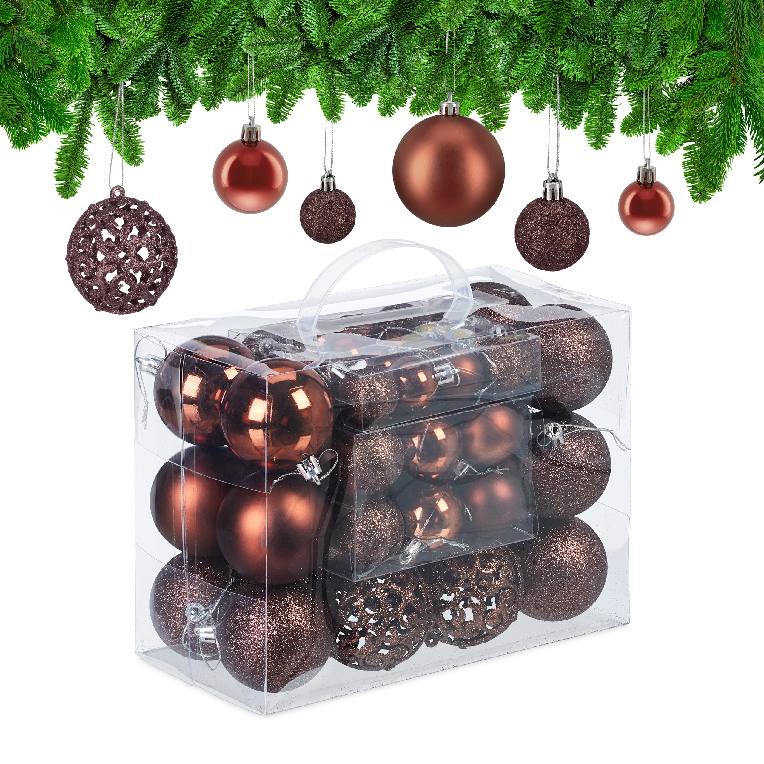 Relaxdays Christmas Bauble Set of 50, Glittery, Matt & Shiny Ornaments, Plastic Xmas Tree Balls, Ø: 3, 4 & 6 cm, Brown