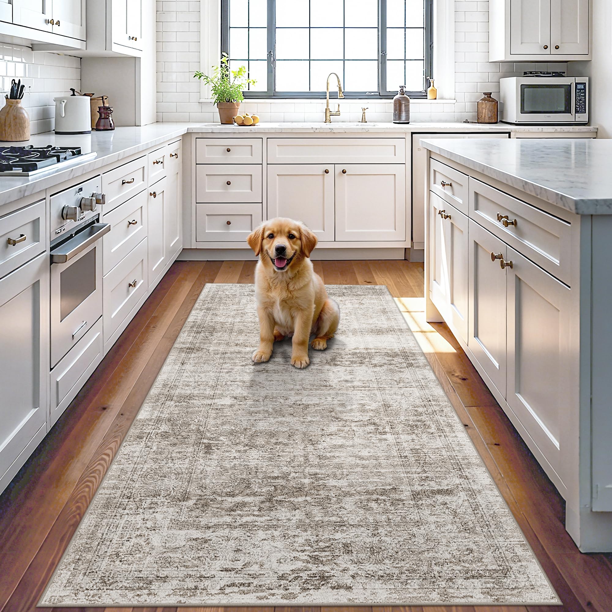 TOPRUUG 3x6 Washable Runner Rug: 6ft Runners for Hallways Soft Non Slip Kitchen Rugs for Bedroom Bathroom Entryway - Stain Resistant Vintage Floral Carpet (Brown/Beige, 3X6) Image