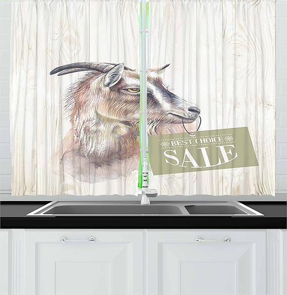 Lunarable Goat Kitchen Curtains, Farm Animal Portrait on Wooden Board Backdrop