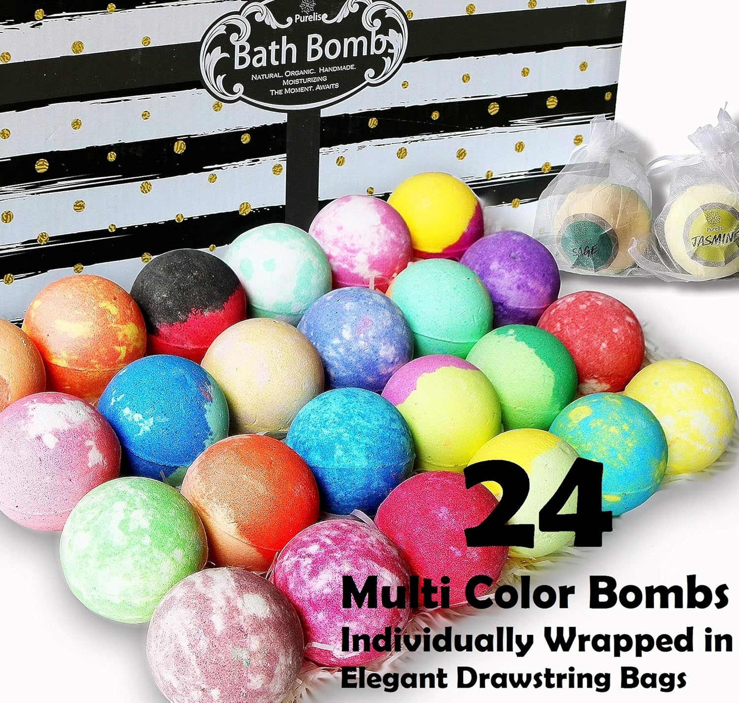 Aromatherapy Bath Bomb Gift Set.24 Individually Wrapped Bath Bombs in Gorgeous Mesh Bags. Luxury Bath Bombs Set Ready to Gift as Party Favors, Wedding Favors etc. 24 Bath Balls Fizzers