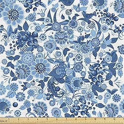 Lunarable Blue Floral Fabric by The Yard, Russian