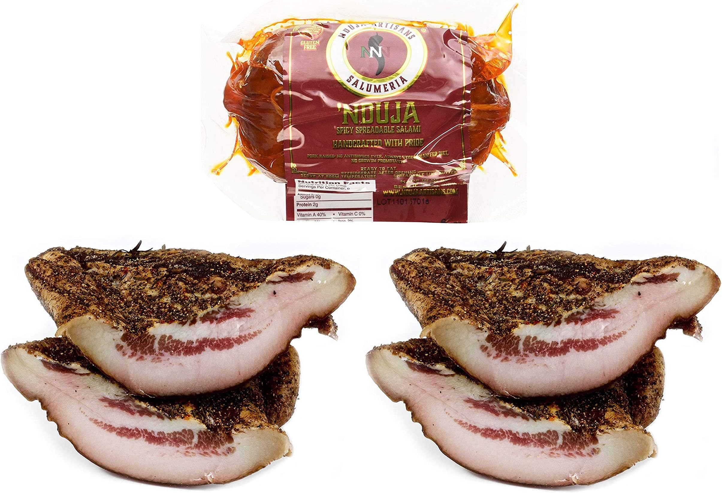 Nduja Artisans Pork Variety Pack, 2 Pork Jowls, 1 Spreadable Spicy Salami, 3 CT
