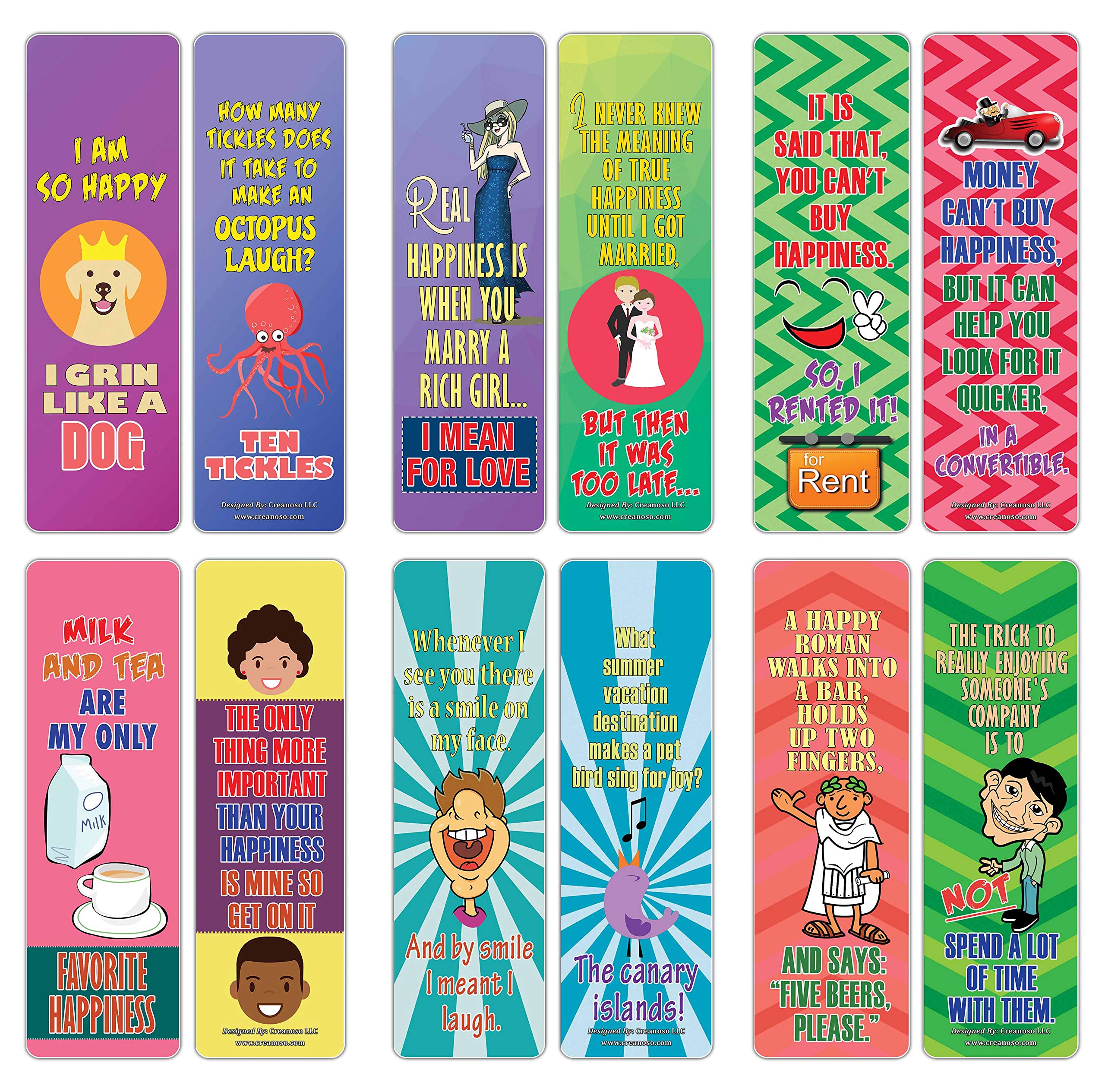 Creanoso Funny One Liners Jokes Happiness Bookmarks Series 2 (60-Pack) – Unique Stocking Stuffers Gifts for Men, Women, Unisex Adults – Cool Book Page Clippers Collection Set – Awesome Giveaways
