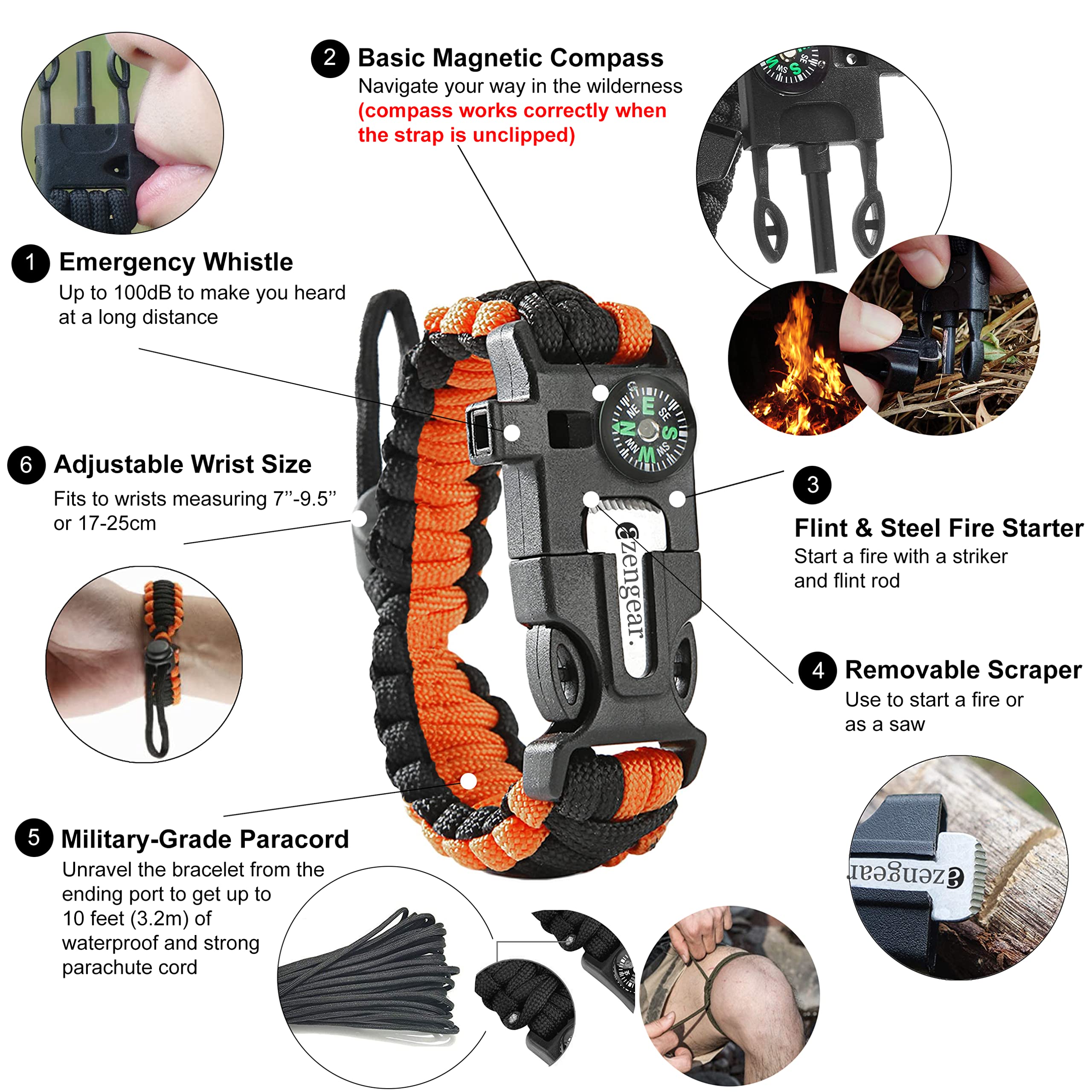 aZengear Paracord Survival Bracelet, Fire Starter Made of Flint and Steel, Whistle and Compass, Adjustable Strap Size for Camping, Bushcraft and Emergency Equipment