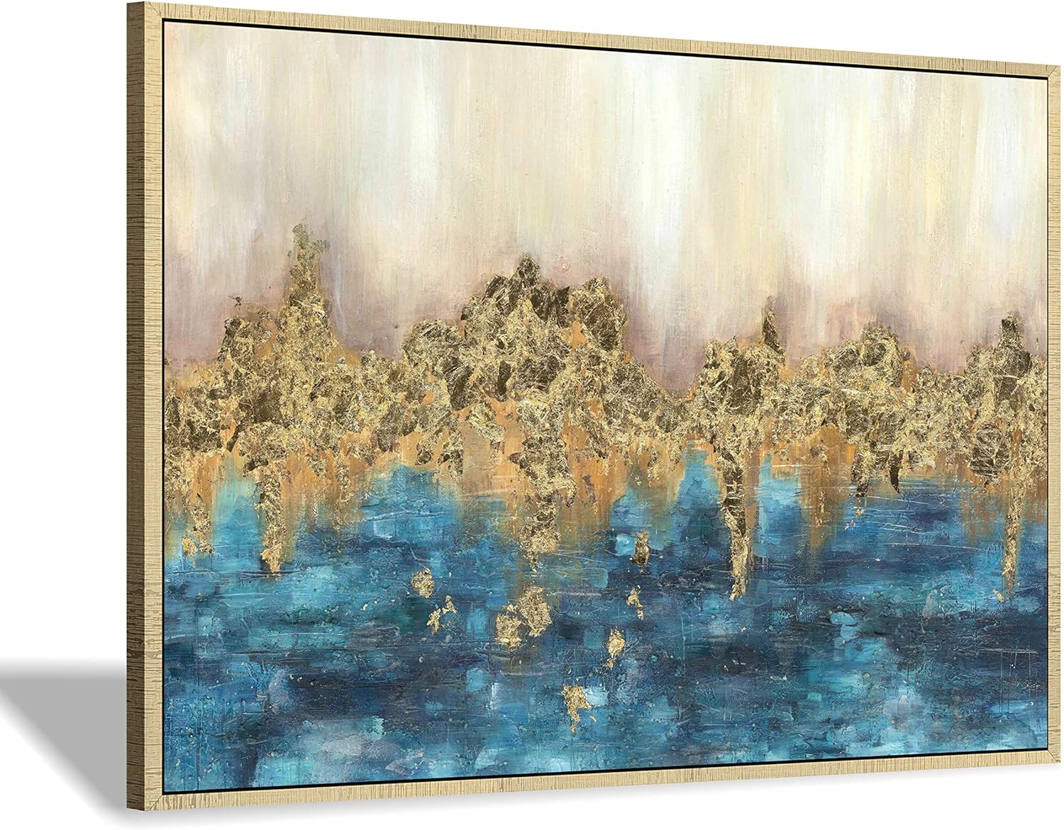 Paintings - Hand Painted Canvas Painting Framed: Abstract Heavy Textured Dark Blue Gold Foils Embellishment Wall Art Large for Bedroom (45” x 30'' x 1 Panel)