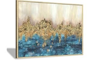 HARDY GALLERY Hand Painted Canvas Painting Framed: Abstract Heavy Textured Dark Blue Gold Foils Embellishment Wall Art Large for Bedroom (45” x 30'' x 1 Panel)