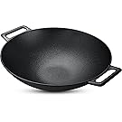 Cast Iron Shallow Concave Wok, Black, 12 Inch, Wide handles - by Utopia Kitchen