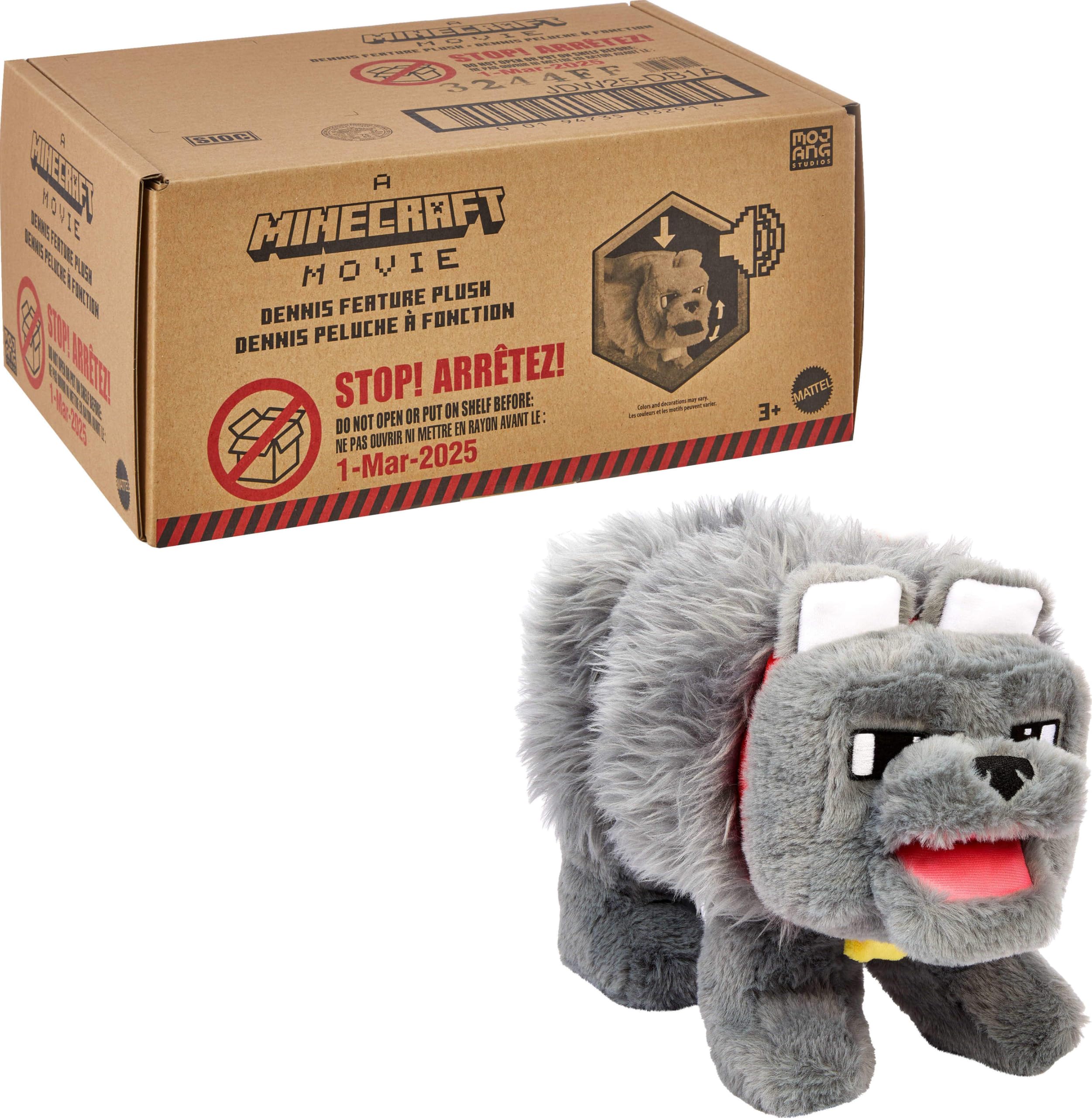 Mattel Minecraft Interactive Plush Toy with Sound & Moving Mouth, Dennis the Wolf Stuffed Animal Inspired by A Minecraft Movie, JDW25