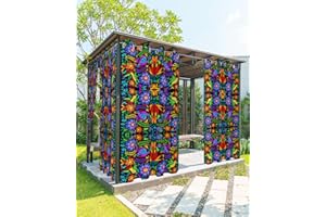 EZON-CH Outdoor Curtain for Patio Waterproof, Colorful Mexico Style Abstract Flower Floral Leaves Bird Windows Curtains Panels Outside Drapes for Living Room/Pergola/Garden/Balcony 52" W x 84" L