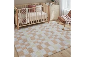 WondRg 5x8 Checkered Fluffy Area Rug for Living Room Bedroom Beige Kids Room Carpet High Pile Washable Non-Slip Tapis Salon S